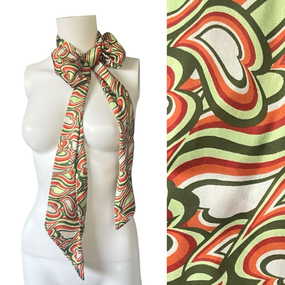 Long Thin Heart Print Scarf Green Orange Satin Bag Tie Maximalist